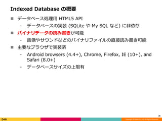 Copyright © DeNA Co.,Ltd. All Rights Reserved.
Indexed Database の概要
 データベース処理用 HTML5 API
⁃ データベースの実装 (SQLite や My SQL など) に非依存
 バイナリデータの読み書きが可能
⁃ 画像やサウンドなどのバイナリファイルの直接読み書き可能
 主要なブラウザで実装済
⁃ Android browsers (4.4+), Chrome, Firefox, IE (10+), and
Safari (8.0+)
⁃ データベースサイズの上限有
20
 