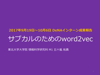 1
サブカルのためのword2vec
東北大学大学院 情報科学研究科 M1 五十嵐 祐貴
2017年9月19日～10月6日 DeNAインターン成果報告
 
