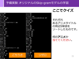 21
予備実験 オリジナルのSkip-gramモデルの学習
ここでクイズ
それぞれ
あるアニメタイトル
の周辺5単語を
ソートしたものです。
何のアニメか
当ててください。
リゼロごちうさ
 