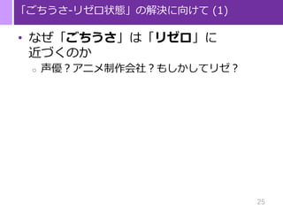 25
「ごちうさ‐リゼロ状態」の解決に向けて (1)
• なぜ「ごちうさ」は「リゼロ」に
近づくのか
o 声優？アニメ制作会社？もしかしてリゼ？
 