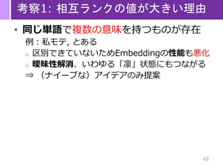 48
考察1: 相互ランクの値が大きい理由
• 同じ単語で複数の意味を持つものが存在
例：私モテ, とある
o 区別できていないためEmbeddingの性能も悪化
o 曖昧性解消、いわゆる「凛」状態にもつながる
⇒ （ナイーブな）アイデアのみ提案
 