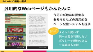 Copyright © DeNA Co.,Ltd. All Rights Reserved.
汎用的なWebページもかんたんに
作るのが地味に面倒な
お知らせなどの汎用的な
ページ配信システムも提供
10
Sakashoの機能と構成
タイトル問わず
同一文言を利用したい
ポリシーや規約などの
一元管理も可能
 