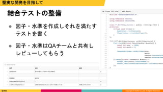 Copyright © DeNA Co.,Ltd. All Rights Reserved.
 因子・水準を作成しそれを満たす
テストを書く
 因子・水準はQAチームと共有し
レビューしてもらう
結合テストの整備
堅実な開発を目指して
 