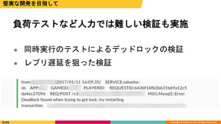 Copyright © DeNA Co.,Ltd. All Rights Reserved.
堅実な開発を目指して
負荷テストなど人力では難しい検証も実施
 同時実行のテストによるデッドロックの検証
 レプリ遅延を狙った検証
 