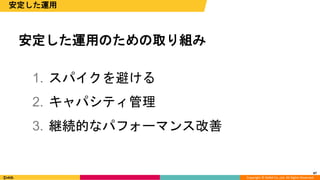 Copyright © DeNA Co.,Ltd. All Rights Reserved.
安定した運用のための取り組み
1. スパイクを避ける
2. キャパシティ管理
3. 継続的なパフォーマンス改善
47
安定した運用
 