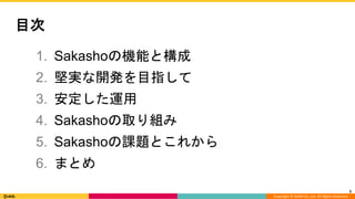 Copyright © DeNA Co.,Ltd. All Rights Reserved.
目次
1. Sakashoの機能と構成
2. 堅実な開発を目指して
3. 安定した運用
4. Sakashoの取り組み
5. Sakashoの課題とこれから
6. まとめ
5
 