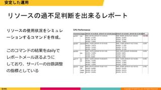 Copyright © DeNA Co.,Ltd. All Rights Reserved.
安定した運用
リソースの使用状況をシミュレ
ーションするコマンドを作成。
このコマンドの結果をdailyで
レポートメール送るように
しており、サーバーの台数調整
の指標としている
リソースの過不足判断を出来るレポート
 