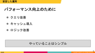 Copyright © DeNA Co.,Ltd. All Rights Reserved.
55
パフォーマンス向上のために
安定した運用
 クエリ改善
 キャッシュ導入
 ロジック改善
やっていることはシンプル
 