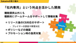 Copyright © DeNA Co.,Ltd. All Rights Reserved.
「社内専用」という利点を活かした開発
 リリース後のCS対応のサポート
 プレイヤーの調査や障害対応
 ポリシーなどの確認
 プロモーション時の負荷対策
63
Sakashoの取り組み
機能提供以外にも
横断的にゲームチームをサポートして情報収集
 