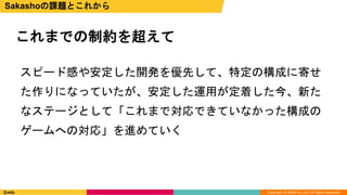Copyright © DeNA Co.,Ltd. All Rights Reserved.
これまでの制約を超えて
Sakashoの課題とこれから
スピード感や安定した開発を優先して、特定の構成に寄せ
た作りになっていたが、安定した運用が定着した今、新た
なステージとして「これまで対応できていなかった構成の
ゲームへの対応」を進めていく
 