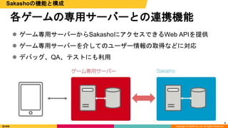 Copyright © DeNA Co.,Ltd. All Rights Reserved.
各ゲームの専用サーバーとの連携機能
 ゲーム専用サーバーからSakashoにアクセスできるWeb APIを提供
 ゲーム専用サーバーを介してのユーザー情報の取得などに対応
 デバッグ、QA、テストにも利用
9
Sakashoの機能と構成
 