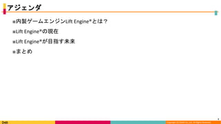 Copyright (C) DeNA Co.,Ltd. All Rights Reserved.
アジェンダ
■内製ゲームエンジンLift Engine®とは？
■Lift Engine®の現在
■Lift Engine®が目指す未来
■まとめ
3
 