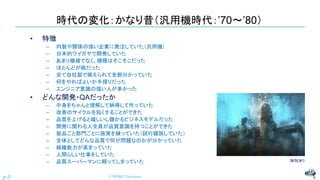 時代の変化：かなり昔（汎用機時代：’70～’80）
• 特徴
– 内製や関係の強い企業に発注していた（汎用機）
– 日本的ワイガヤで開発していた
– あまり複雑でなく、規模はそこそこだった
– ほとんどが紙だった
– 全て自社製で揃えられて全部分かっていた
– 何をやればよいか手探りだった
– エンジニア意識の強い人が多かった
• どんな開発・QAだったか
– 中身をちゃんと理解して納得して作っていた
– 改善のサイクルを短くすることができた
– 品質を上げると嬉しいし儲かるビジネスモデルだった
– 開発に関わる人全員が品質意識を持つことができた
– 製品ごと部門ごとに施策を練っていた（試行錯誤していた）
– 全体としてどんな品質で何が問題なのかが分かっていた
– 組織能力が高まっていた
– 人間らしい仕事をしていた
– 品質スーパーマンに頼ってしまっていた
© NISHI, Yasuharup.5
諸説あり
 