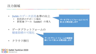 注力領域
• DeNA のデータ活用水準の向上
• 利用者のサポート強化
• 新規 BI ツール（Looker）の導入
• データプラットフォームの
健康指標の可視化
• クラウド移行
データプラットフォームについて
約 20 分間お話します
データプラットフォームの健康診
断について約 14 分間お話します
 