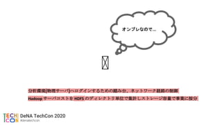 🤔
分析環境(物理サーバ)へログインするための踏み台、ネットワーク経路の制御
Hadoop サーバコストを HDFS のディレクトリ単位で集計しストレージ容量で事業に按分
オンプレなので...
 