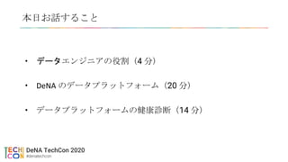 本日お話すること
• データエンジニアの役割（4 分）
• DeNA のデータプラットフォーム（20 分）
• データプラットフォームの健康診断（14 分）
 