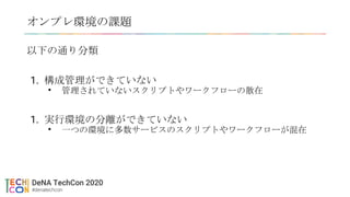 以下の通り分類
1. 構成管理ができていない
• 管理されていないスクリプトやワークフローの散在
1. 実行環境の分離ができていない
• 一つの環境に多数サービスのスクリプトやワークフローが混在
オンプレ環境の課題
 
