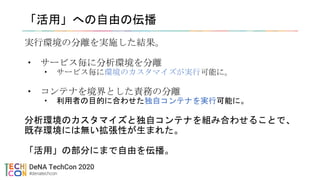 「活用」への自由の伝播
実行環境の分離を実施した結果。
• サービス毎に分析環境を分離
• サービス毎に環境のカスタマイズが実行可能に。
• コンテナを境界とした責務の分離
• 利用者の目的に合わせた独自コンテナを実行可能に。
分析環境のカスタマイズと独自コンテナを組み合わせることで、
既存環境には無い拡張性が生まれた。
「活用」の部分にまで自由を伝播。
 