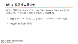 新しい拡張性の具体例
以下は環境のカスタマイズ（LB + Cloud Armor + Cloud IAP 追加）
と独自コンテナの組み合わせを利用した具体例。
• Web サーバーの利用による新しいレポーティングの実行
• JupyterLab 環境の提供
 