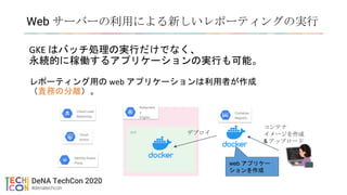 GKE はバッチ処理の実行だけでなく、
永続的に稼働するアプリケーションの実行も可能。
レポーティング用の web アプリケーションは利用者が作成
（責務の分離）。
Web サーバーの利用による新しいレポーティングの実行
Cloud Load
Balancing
Cloud
Armor
コンテナ
イメージを作成
& アップロード
Container
Registry
Kubernetes cluster
Kubernete
s
Engine
pod
web アプリケー
ションを作成
Identity-Aware
Proxy
デプロイCloud
Armor
 