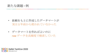 新たな課題 - 例
• 依頼をもとに作成したデータマートが
実は 1 年前から使われていなかった
• データマートを作ればよいのに
raw データを高頻度で検索していた
 