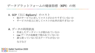 データプラットフォームの健康指標（KPI）の例
A. GCP（主に BigQuery）のコスト
• 他のサービスに対してコストがかかりすぎていないか
• サービスの売上に対してコストの比率が高すぎないか
A. データの利用状況
• 作成したデータマートが使われているか
• raw データが高頻度で使われていないか
• 誰も使っていない巨大テーブルがないか
などなど
 