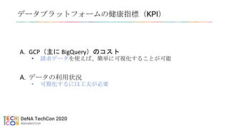 データプラットフォームの健康指標（KPI）
A. GCP（主に BigQuery）のコスト
• 請求データを使えば、簡単に可視化することが可能
A. データの利用状況
• 可視化するには工夫が必要
 