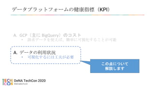 データプラットフォームの健康指標（KPI）
A. GCP（主に BigQuery）のコスト
• 請求データを使えば、簡単に可視化することが可能
A. データの利用状況
• 可視化するには工夫が必要
この点について
解説します
 