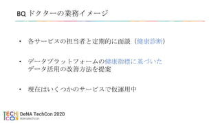 BQ ドクターの業務イメージ
• 各サービスの担当者と定期的に面談（健康診断）
• データプラットフォームの健康指標に基づいた
データ活用の改善方法を提案
• 現在はいくつかのサービスで仮運用中
 