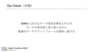 Our Vision（再掲）
DeNA におけるデータ活用水準向上のため
データの利用者に寄り添いながら
最適なデータプラットフォームを提供し続ける
 