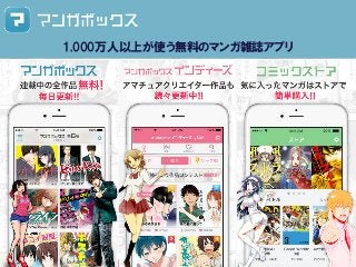 Copyright	(C)	2016	DeNA	Co.,Ltd.	All	Rights	Reserved.	
マンガボックス
1,000万人以上が使う無料のマンガ雑誌アプリ
 