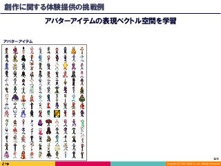 Copyright	(C)	2016	DeNA	Co.,Ltd.	All	Rights	Reserved.	
創作に関する体験提供の挑戦例
アバターアイテムの表現ベクトル空間を学習
アバターアイテム
124	
 