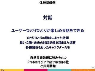 Copyright	(C)	2016	DeNA	Co.,Ltd.	All	Rights	Reserved.	
対話
ユーザーひとりひとりが楽しめる話をできる
体験提供例
自然言語処理に強みをもつ
Preferred Infrastructure社
と共同開発
長い文脈・過去の対話記憶を踏まえた返答
ひとりひとりの興味にあった話題
各種個性をもったキャラクターたち
134	
 