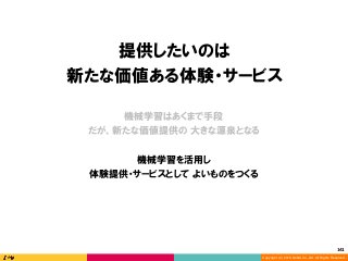 Copyright (C) 2016 DeNA Co.,Ltd. All Rights Reserved.
141	
提供したいのは
新たな価値ある体験・サービス
機械学習を活用し
体験提供・サービスとして よいものをつくる
機械学習はあくまで手段
だが、新たな価値提供の 大きな源泉となる
 