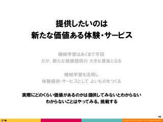 Copyright (C) 2016 DeNA Co.,Ltd. All Rights Reserved.
142	
提供したいのは
新たな価値ある体験・サービス
機械学習を活用し
体験提供・サービスとして よいものをつくる
機械学習はあくまで手段
だが、新たな価値提供の 大きな源泉となる
実際にどのくらい価値があるのかは提供してみないとわからない
わからないことはやってみる。挑戦する
 