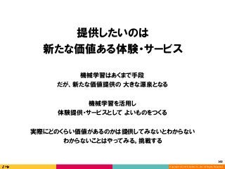 Copyright (C) 2016 DeNA Co.,Ltd. All Rights Reserved.
143	
提供したいのは
新たな価値ある体験・サービス
機械学習を活用し
体験提供・サービスとして よいものをつくる
機械学習はあくまで手段
だが、新たな価値提供の 大きな源泉となる
実際にどのくらい価値があるのかは提供してみないとわからない
わからないことはやってみる。挑戦する
 