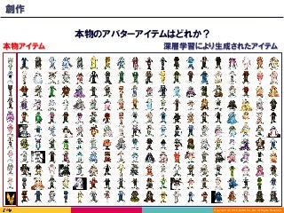 Copyright (C) 2016 DeNA Co.,Ltd. All Rights Reserved.
22	
創作
本物のアバターアイテムはどれか？
深層学習により生成されたアイテム本物アイテム
 