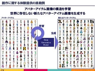 Copyright (C) 2016 DeNA Co.,Ltd. All Rights Reserved.
23	
創作に関する体験提供の挑戦例
アバターアイテム画像の構造を学習
世界に存在しない新たなアバターアイテム画像を生成する
Deep
Generative 
Model	
学習
アバターアイテム
生成
新たなアバターアイテム
 