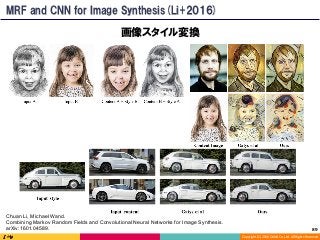 Copyright	(C)	2016	DeNA	Co.,Ltd.	All	Rights	Reserved.	
画像スタイル変換
Chuan Li, Michael Wand.
Combining Markov Random Fields and Convolutional Neural Networks for Image Synthesis.
arXiv:1601.04589.
MRF and CNN for Image Synthesis(Li+2016)
89	
 
