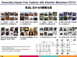 Copyright	(C)	2016	DeNA	Co.,Ltd.	All	Rights	Reserved.	
Generating Images from Captions with Attention(Mansimov+2015)
Elman Mansimov, Emilio Parisotto, Jimmy Lei Ba,
Ruslan Salakhutdinov.
Generating Images from Captions with Attention.
arXiv:1511.02793. In ICLR 2016.
見出し文からの画像生成
81	
 