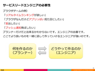 Copyright © DeNA Co.,Ltd. All Rights Reserved.
サービスリードエンジニアの必要性
ブラウザゲームの例）
「リアルタイムランキングが欲しい」
「ブラウザなんだけどアプリっぽい見た目にしたい」
「音出したい」
「プッシュ通知飛ばしたい」
プランナーだけだと出来るかわからないです。エンジニアの出番です。
ここでより良いものを一緒に話して作っていけるエンジニアが強いのです。
11
何を作るのか
（プランナー）
どうやって作るのか
（エンジニア）
 