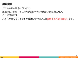 Copyright © DeNA Co.,Ltd. All Rights Reserved.
採用戦略
どこの会社も基本は同じです。
組織として目指していきたい方向性と合わない人は採用しない。
これに尽きます。
スキルが高くてマインドが会社に合わない人は採用するべきではないです。
15
 