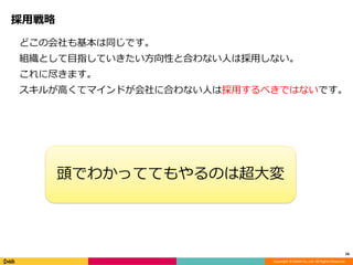 Copyright © DeNA Co.,Ltd. All Rights Reserved.
採用戦略
どこの会社も基本は同じです。
組織として目指していきたい方向性と合わない人は採用しない。
これに尽きます。
スキルが高くてマインドが会社に合わない人は採用するべきではないです。
16
頭でわかっててもやるのは超大変
 