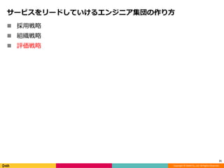 Copyright © DeNA Co.,Ltd. All Rights Reserved.
サービスをリードしていけるエンジニア集団の作り方
 採用戦略
 組織戦略
 評価戦略
21
 