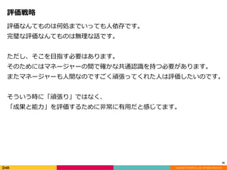 Copyright © DeNA Co.,Ltd. All Rights Reserved.
評価戦略
評価なんてものは何処までいっても人依存です。
完璧な評価なんてものは無理な話です。
ただし、そこを目指す必要はあります。
そのためにはマネージャーの間で確かな共通認識を持つ必要があります。
またマネージャーも人間なのですごく頑張ってくれた人は評価したいのです。
そういう時に「頑張り」ではなく、
「成果と能力」を評価するために非常に有用だと感じてます。
26
 