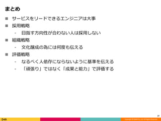 Copyright © DeNA Co.,Ltd. All Rights Reserved.
まとめ
 サービスをリードできるエンジニアは大事
 採用戦略
⁃ 目指す方向性が合わない人は採用しない
 組織戦略
⁃ 文化醸成の為には何度も伝える
 評価戦略
⁃ なるべく人依存にならないように基準を伝える
⁃ 「頑張り」ではなく「成果と能力」で評価する
27
 