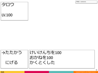 Copyright © DeNA Co.,Ltd. All Rights Reserved.
10
→たたかう
にげる
所持金：4294967295
けいけんちを100
おかねを100
かくとくした
タロウ
LV.100
 