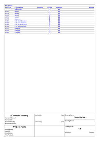 GSPublisherVersion 0.1.100.100
Modified by
Checked by
Drawing Name
Sheet Index
#Project Name
#Site Address1
#Site City
#Site Country
#Site Postcode
Drawing Status
Drawing Scale
1:1
Layout ID Revision
Date
Date
#Contact Company
#Contact Address1
#Contact City
#Contact Country
#Contact Postcode
Sheet Index
Layout ID
A.01.1
A.01.2
A.01.3
A.01.4
A.01.5
A.02.1
A.02.2
A.02.3
A.02.4
A.03.1
A.03.2
A.03.3
Layout Name
Sheet Index
lantai 1
lantai 2
lantai 3
lantai 4
Basement
E-01 North Elevation
E-02 East Elevation
E-03 South Elevation
E-04 West Elevation
Potongan
Potongan
Potongan
Revision Issued Published Remark
 
