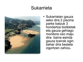 Sukarrieta
        Sukarrietan gauza
         asko dira 2 piscina
         parke batzuk 3
         hondartza bizikletak
         eta gauza gehiago
         monitore oso maju
         dira baina esinda
         gauza tzarrak egin
         behar dira bestela
         zigortzen zahizu.
 