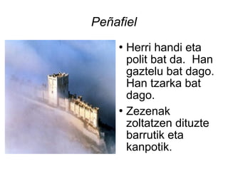Peñafiel
     Herri handi eta
      polit bat da. Han
      gaztelu bat dago.
      Han tzarka bat
      dago.
     Zezenak

      zoltatzen dituzte
      barrutik eta
      kanpotik.
 